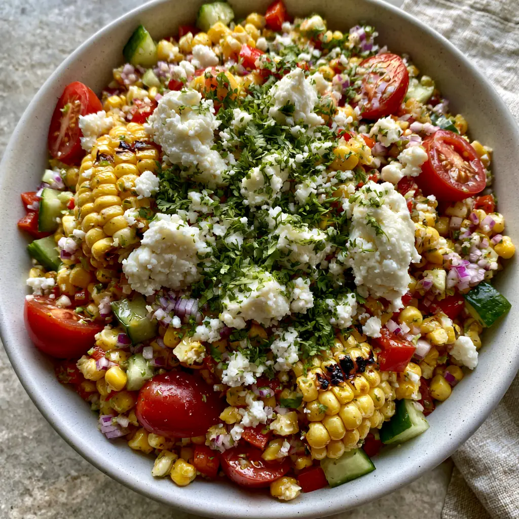 Close up of glistening Corn Salad with moist cotija cheese crumbles and bright green cilantro garnish. (Corn Salad)