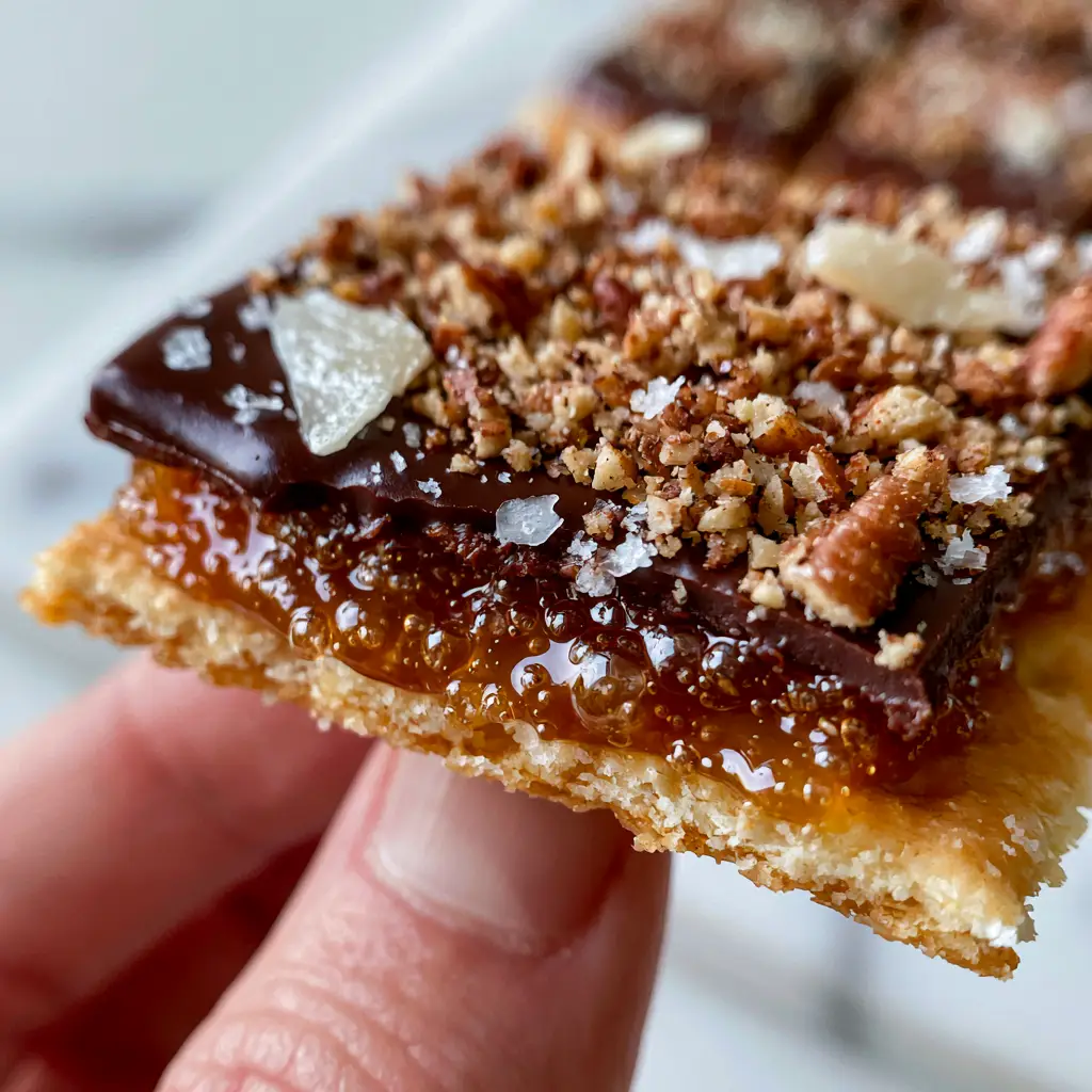 Close-up of the glossy dark chocolate and Maldon sea salt topping on Caramel Cracker Bites.