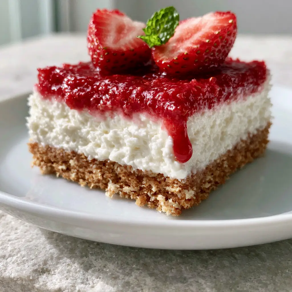 A close-up of a glossy ruby-red strawberry glaze dripping down a thick cheesecake bar.