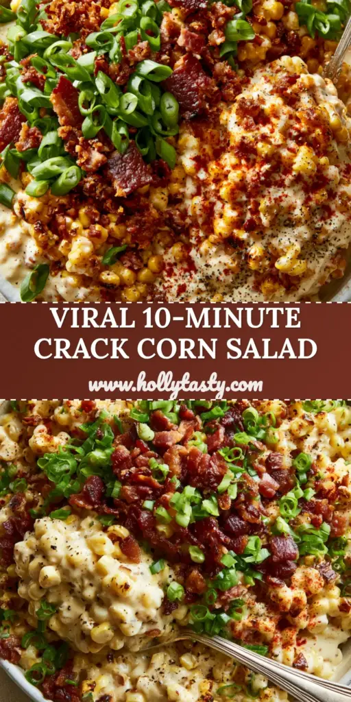 A close-up of Crack Corn Salad in a white bowl featuring charred corn, crispy mahogany bacon crumbles, and bright green scallions with a vintage silver spoon.