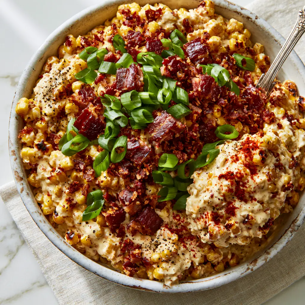 Top-down view of Crack Corn Salad showing the ivory cream dressing, smoked paprika dusting, and cracked black pepper. (Crack Corn Salad)
