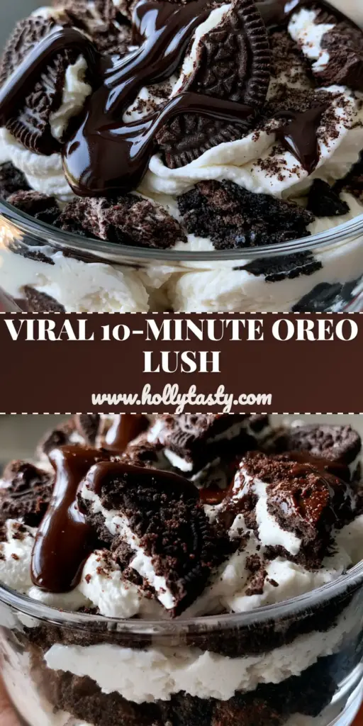 A close-up vertical shot of a no bake oreo dessert in a glass bowl featuring thick layers of cookie chunks, white mousse, and whipped cream topped with a glossy chocolate drizzle.
