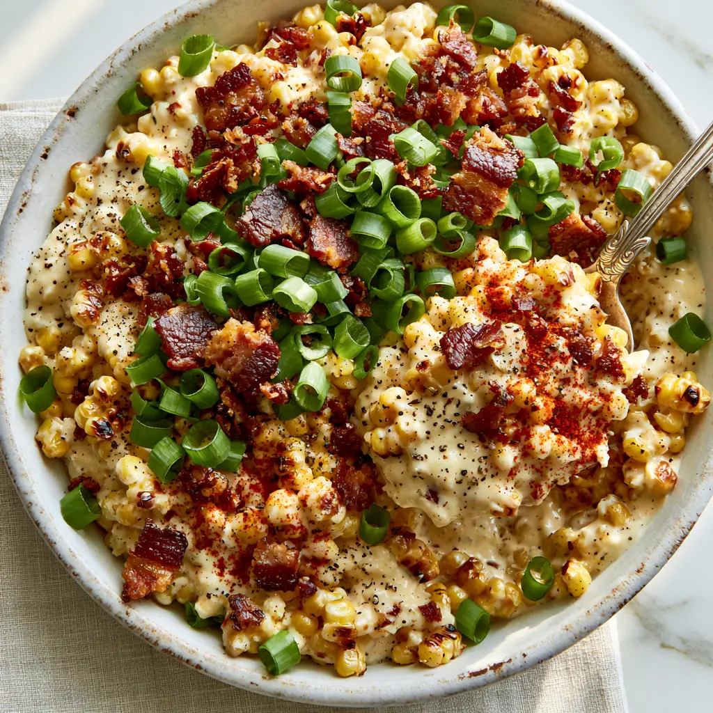 Close-up of a silver vintage spoon lifting a heap of creamy Crack Corn Salad with mahogany bacon and scallions.