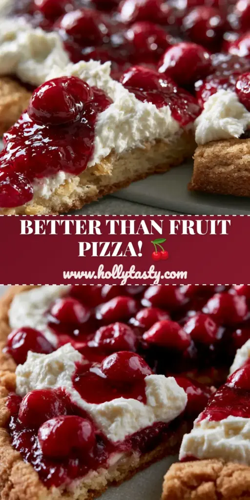 A gourmet Cherry Dessert Pizza with glossy red cherries and whipped cream cheese frosting on a stone surface.