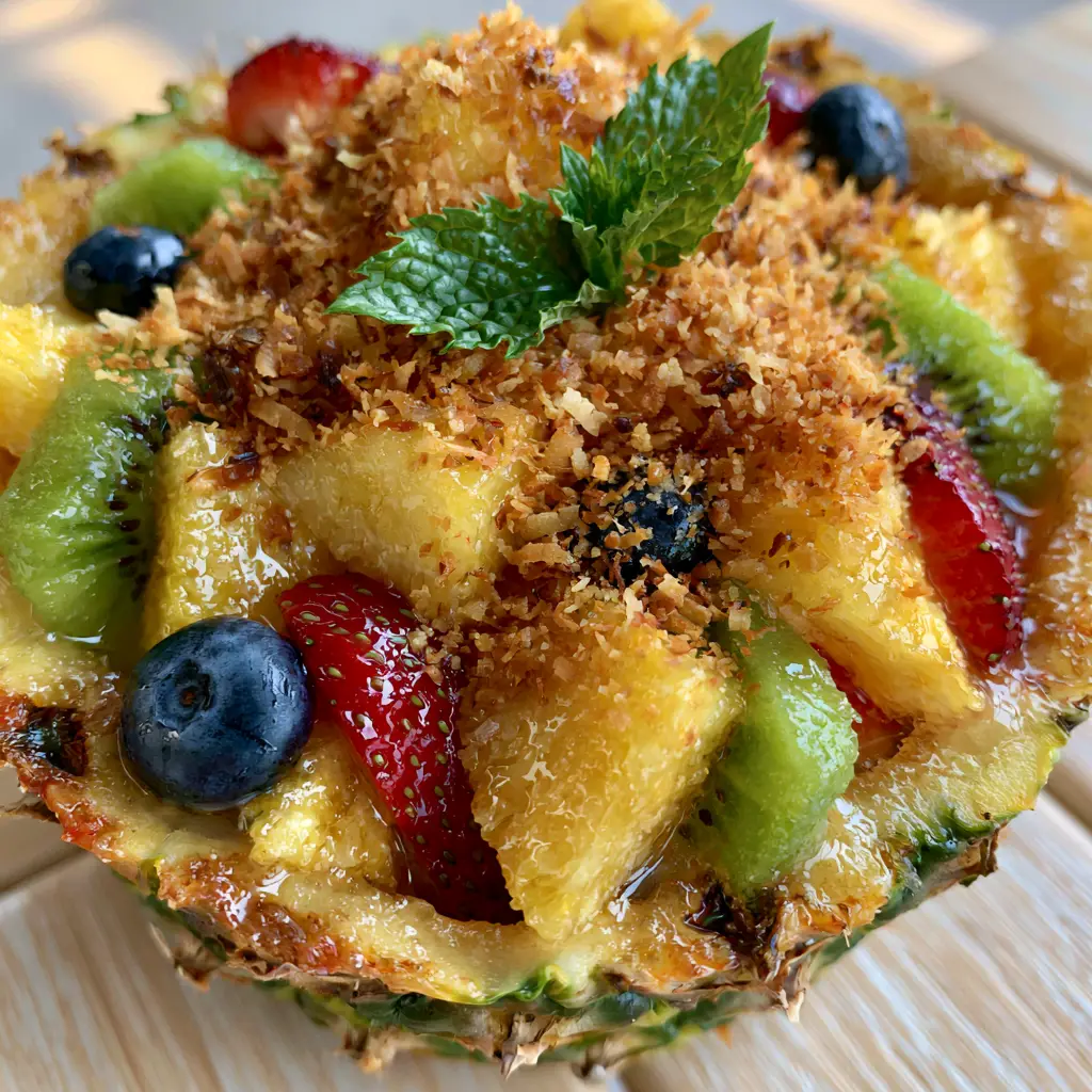 Close-up of glistening Hawaiian Fruit Salad with honey lime glaze, fresh mint, and toasted coconut flakes.