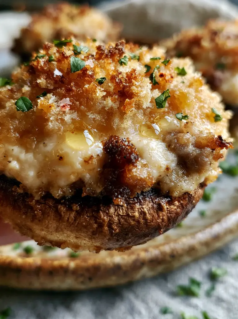 A handheld smartphone photo of a stuffed mushroom with steam rising, showing high texture detail of the parmesan crust.