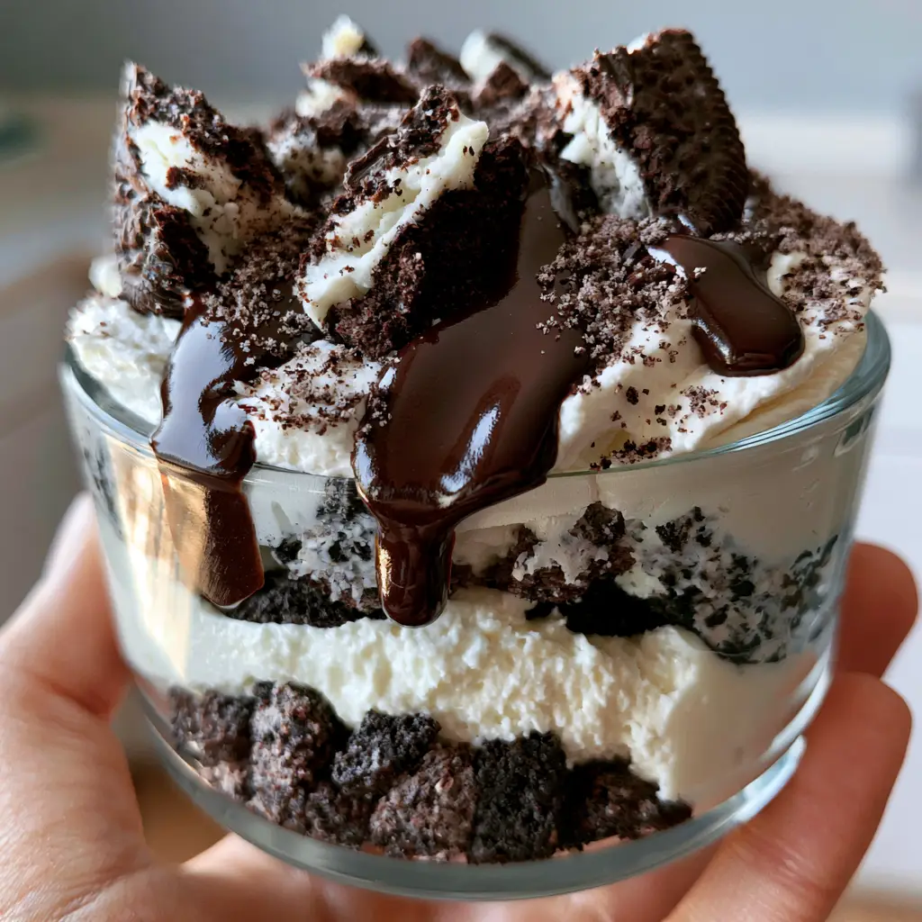 A close-up of the glossy chocolate ganache and broken Oreo garnish on top of a fluffy no bake oreo dessert.