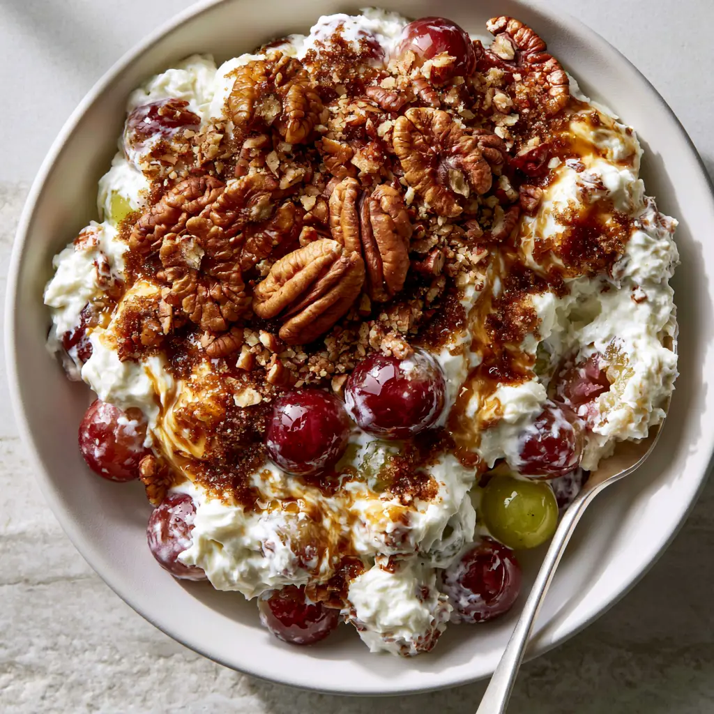 Overhead smartphone photo of a luscious Southern Creamy Grape Salad Recipe in a matte-white bowl with silver spoon digging in.