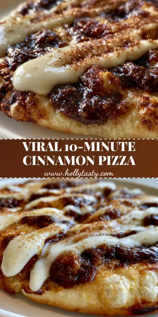 Close-up of Sweet Cinnamon Swirl Pizza with thick cream cheese icing and mahogany cinnamon craters on a white plate.