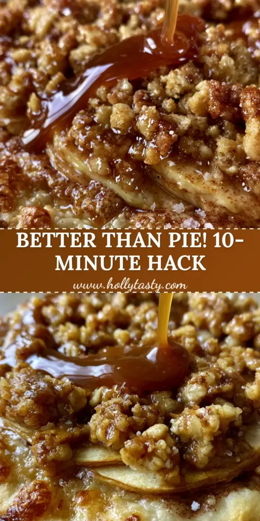 A macro shot of a rustic apple crisp pizza with golden-brown crust, chunky oat streusel, and a thick amber caramel drizzle ribbon.
