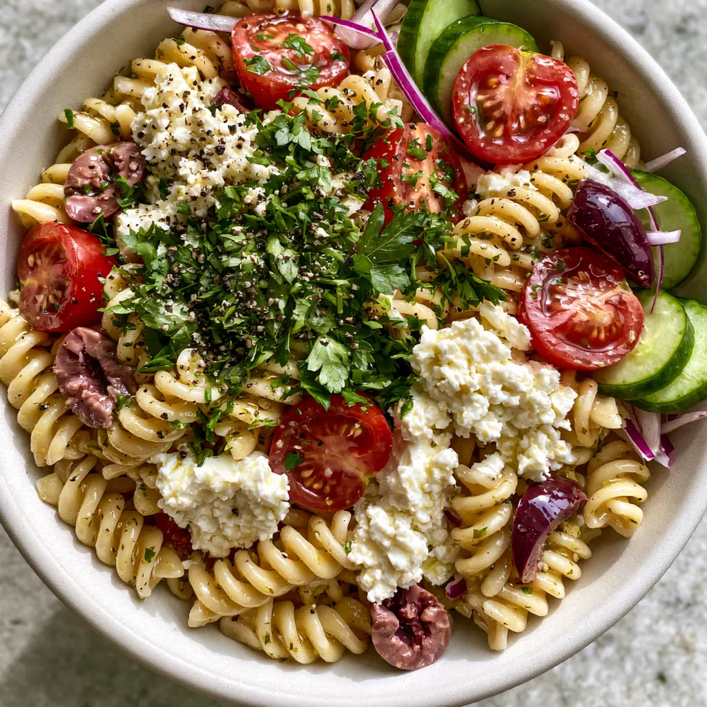 Top-down view of Mediterranean Pasta Salad showing plump cherry tomato seeds and glossy kalamata olives on a stone countertop.