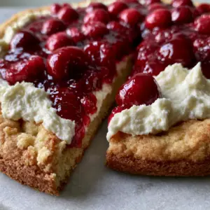 Extreme close-up of a Cherry Dessert Pizza slice showing the thick sugar cookie crust and ruby-red syrup.