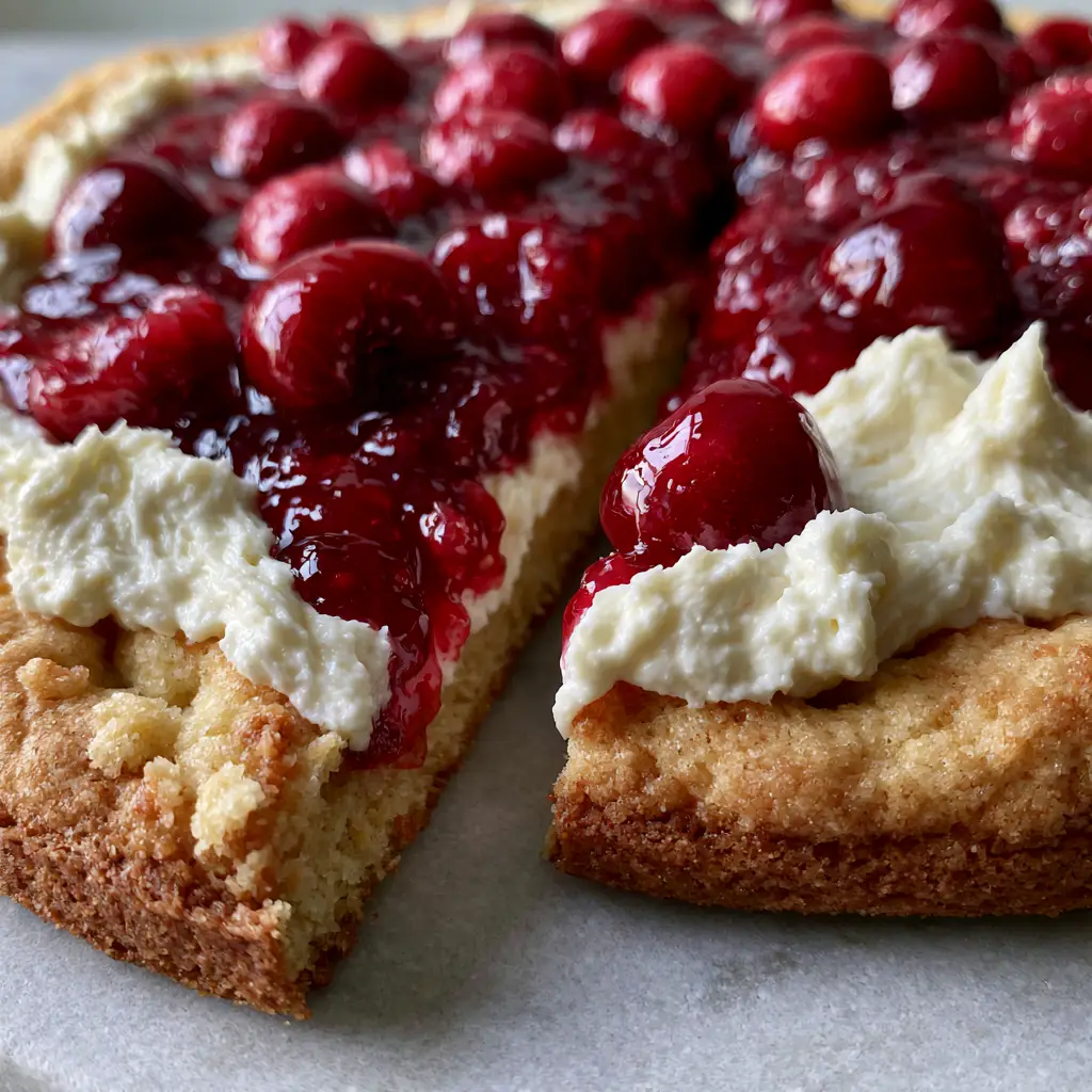 Extreme close-up of a Cherry Dessert Pizza slice showing the thick sugar cookie crust and ruby-red syrup.
