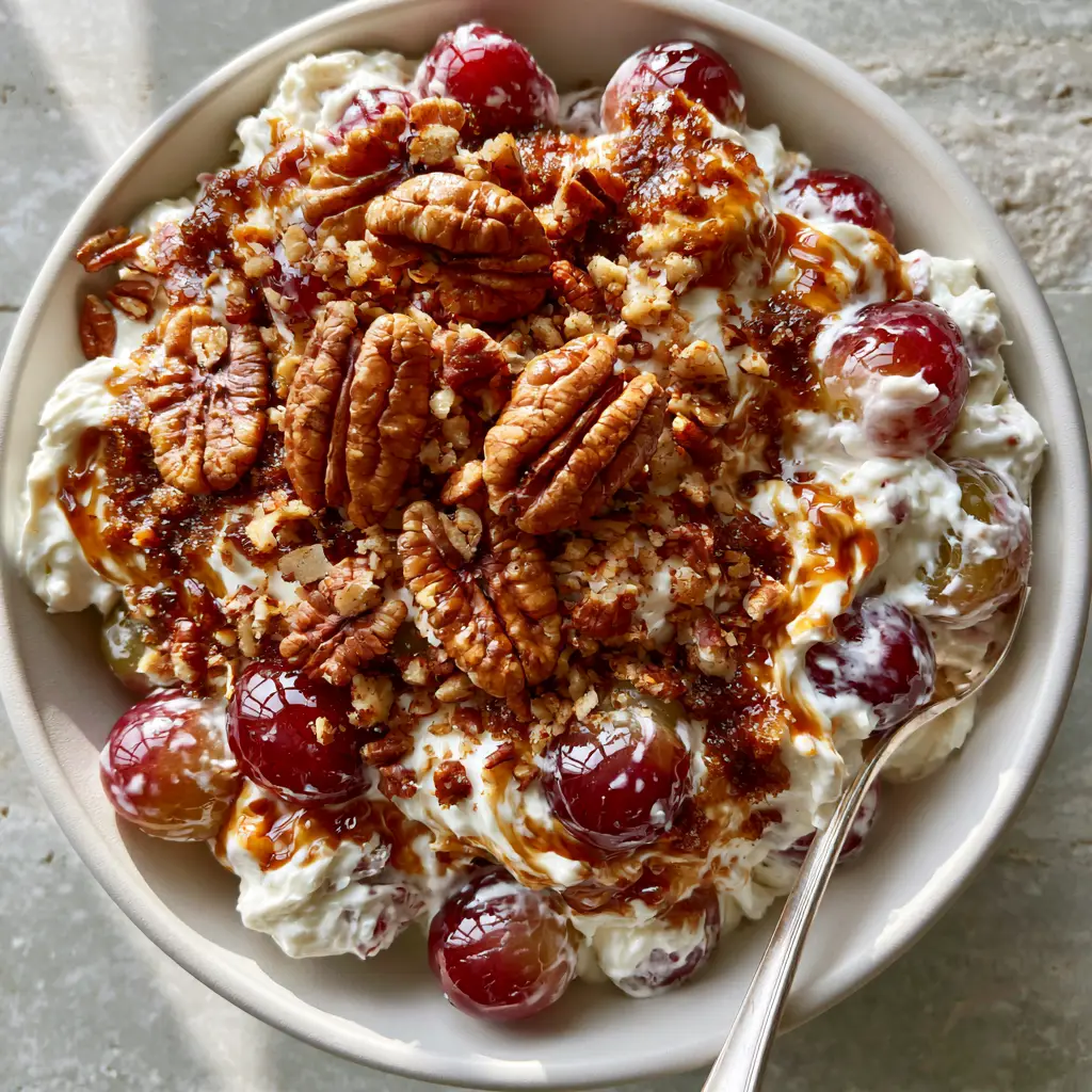 Close-up of toasted pecan halves and dissolving dark brown sugar on top of a Creamy Grape Salad Recipe.