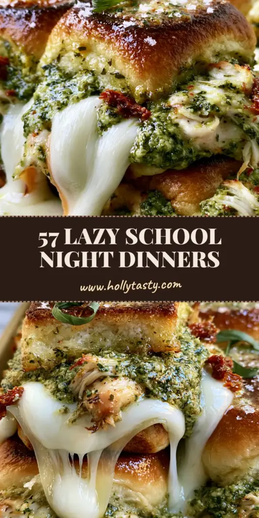 A stack of cheesy chicken pesto sliders on a sheet pan with vibrant green pesto and melted cheese. (Back to School Dinner Ideas)