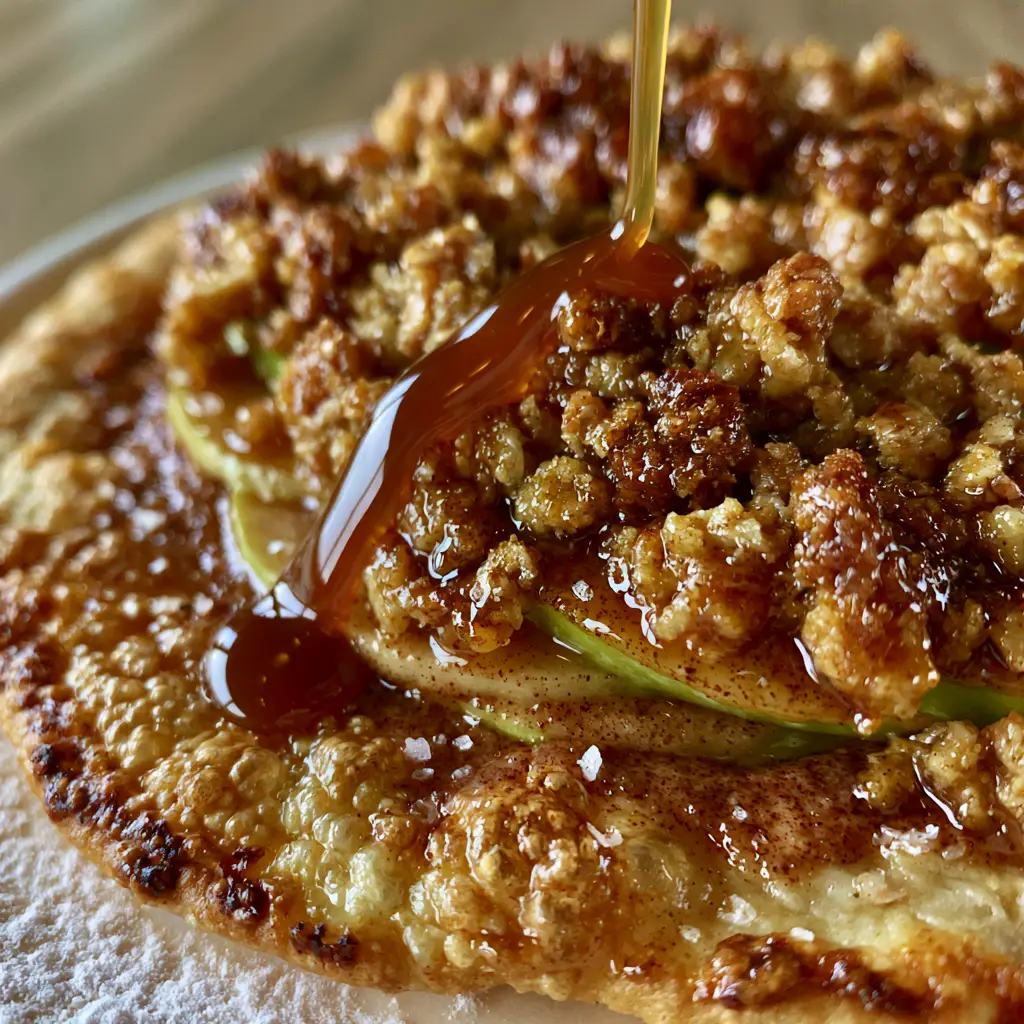 Handheld smartphone photo of a thin bubbly apple crisp pizza crust with toasted edges and cinnamon-glazed apples.