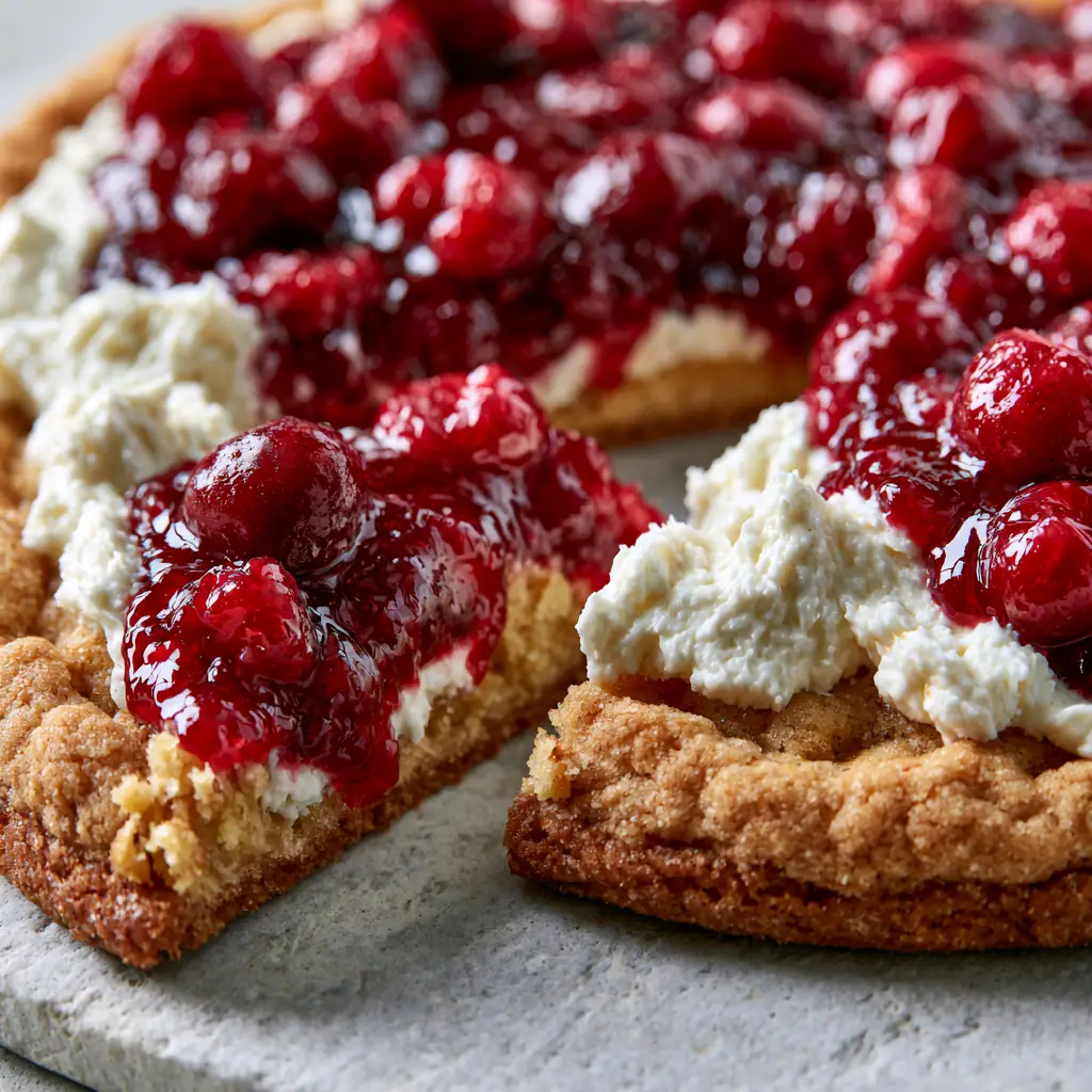 A 45-degree angle shot of a Cherry Dessert Pizza plated on a light grey stone surface with morning light.