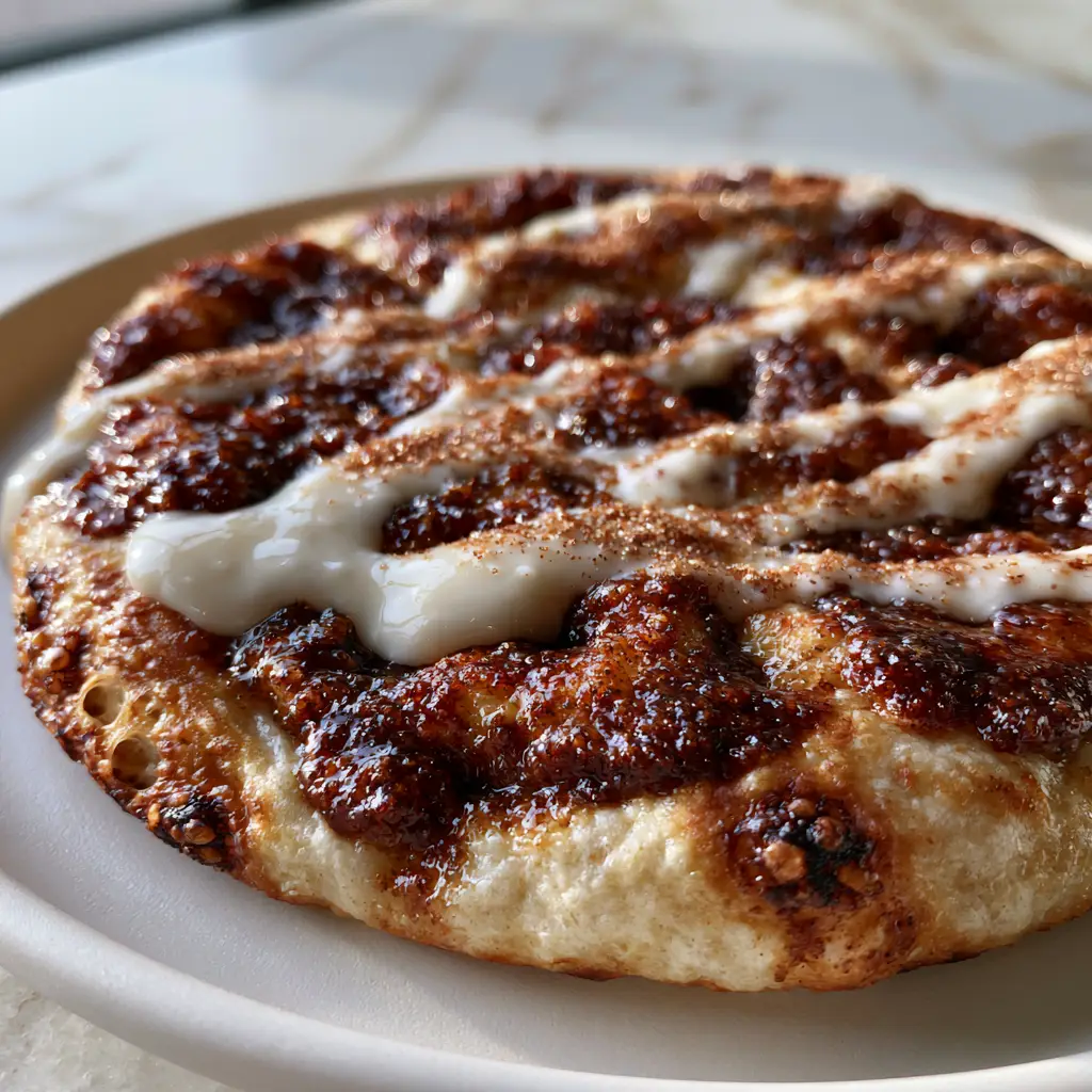 Top-down view of the aesthetic zigzag icing on a Sweet Cinnamon Swirl Pizza.