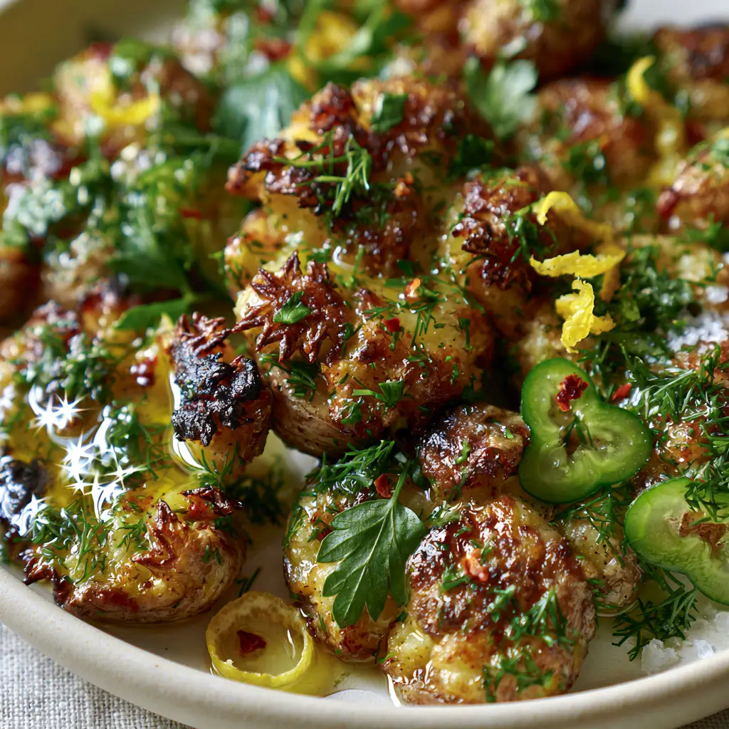 Smashed potato salad with translucent lemon-herb oil, fresh dill, and sea salt crystals.