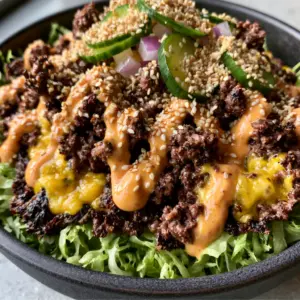 Extreme macro of crispy seared ground beef with bubbling sharp cheddar cheese in a Smash Burger Bowl.