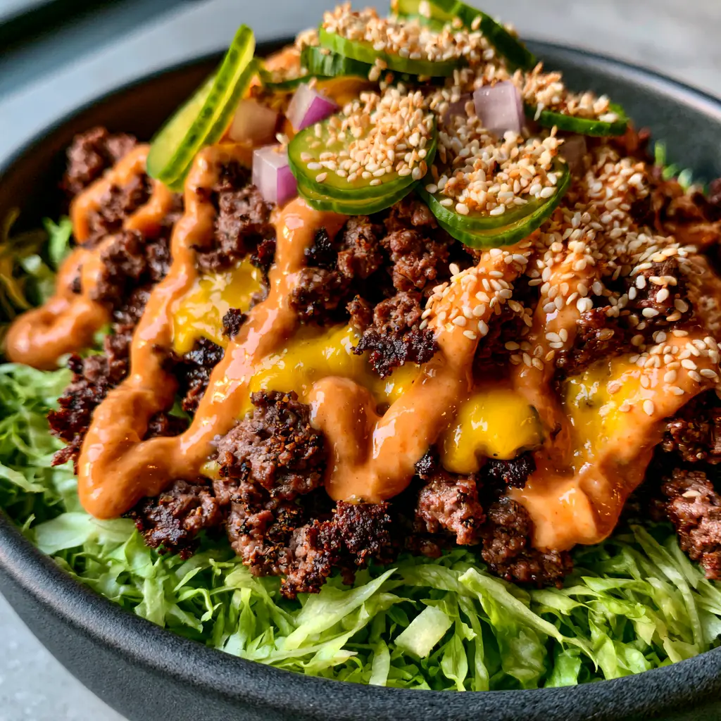 Vibrant Smash Burger Bowl showing orange sauce drizzle, thin pickles, and sesame seeds.
