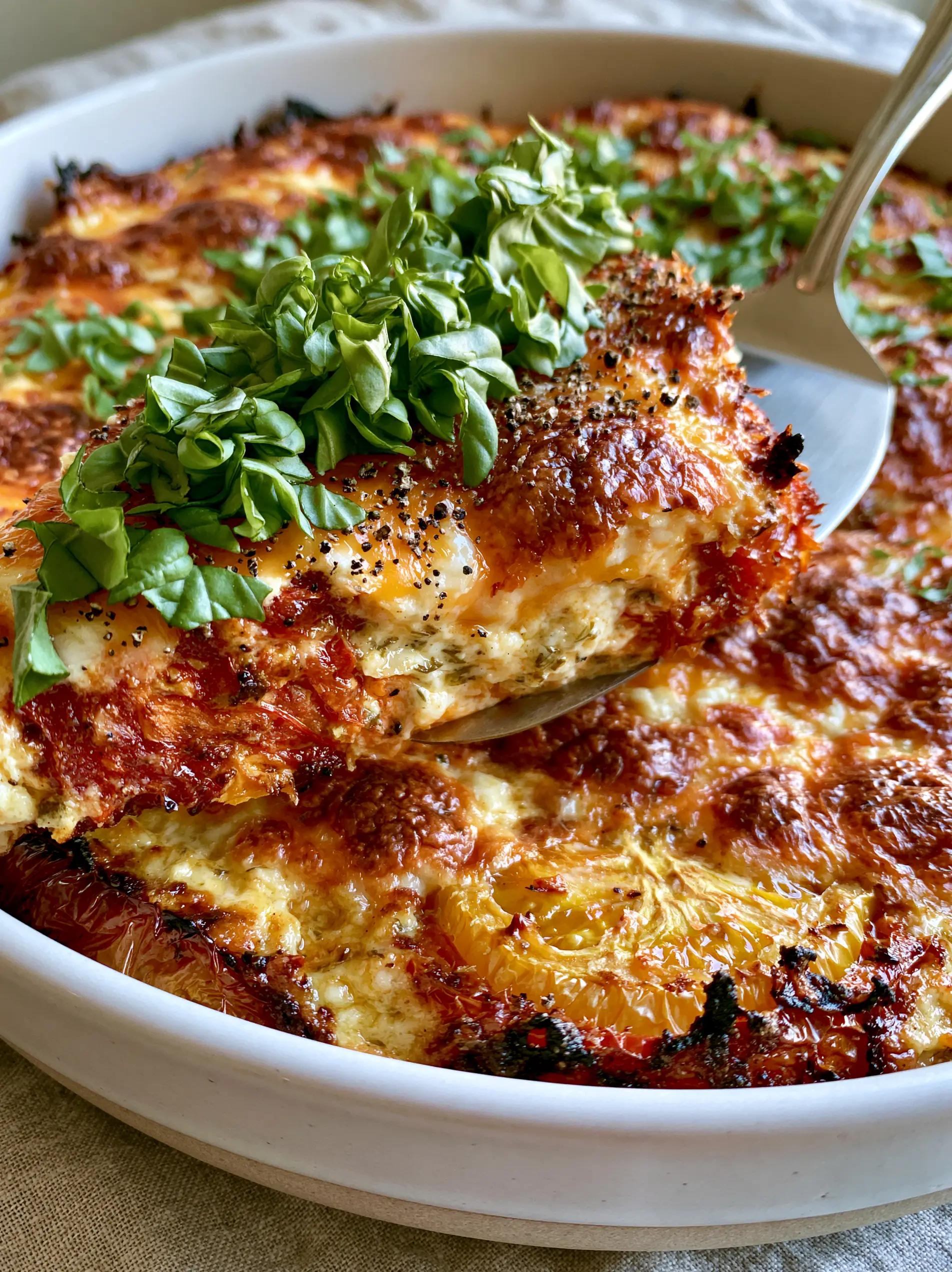 Vertical smartphone photo of a perfectly set Crustless tomato pie in a modern stoneware dish with caramelized edges and fresh basil chiffonade.