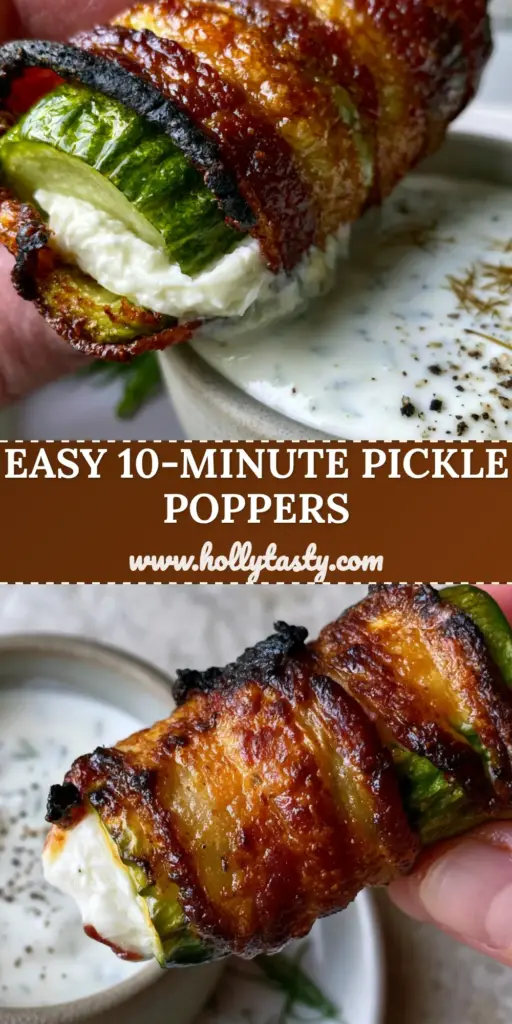A close-up shot of crispy bacon-wrapped pickle poppers served on a white plate with a side of creamy ranch dip and fresh dill. (pickle poppers)