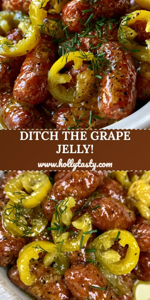 A top-down macro shot of glistening Mississippi Lil' Smokies in a rustic white ceramic slow cooker with pepperoncini rings.