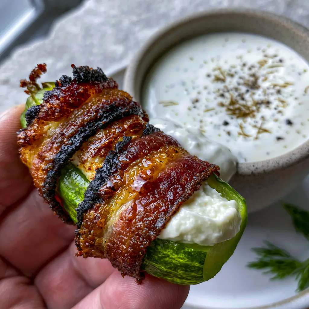 A handheld smartphone photo showing a golden-brown air-fried pickle popper being dipped into thick ranch dressing. (pickle poppers)