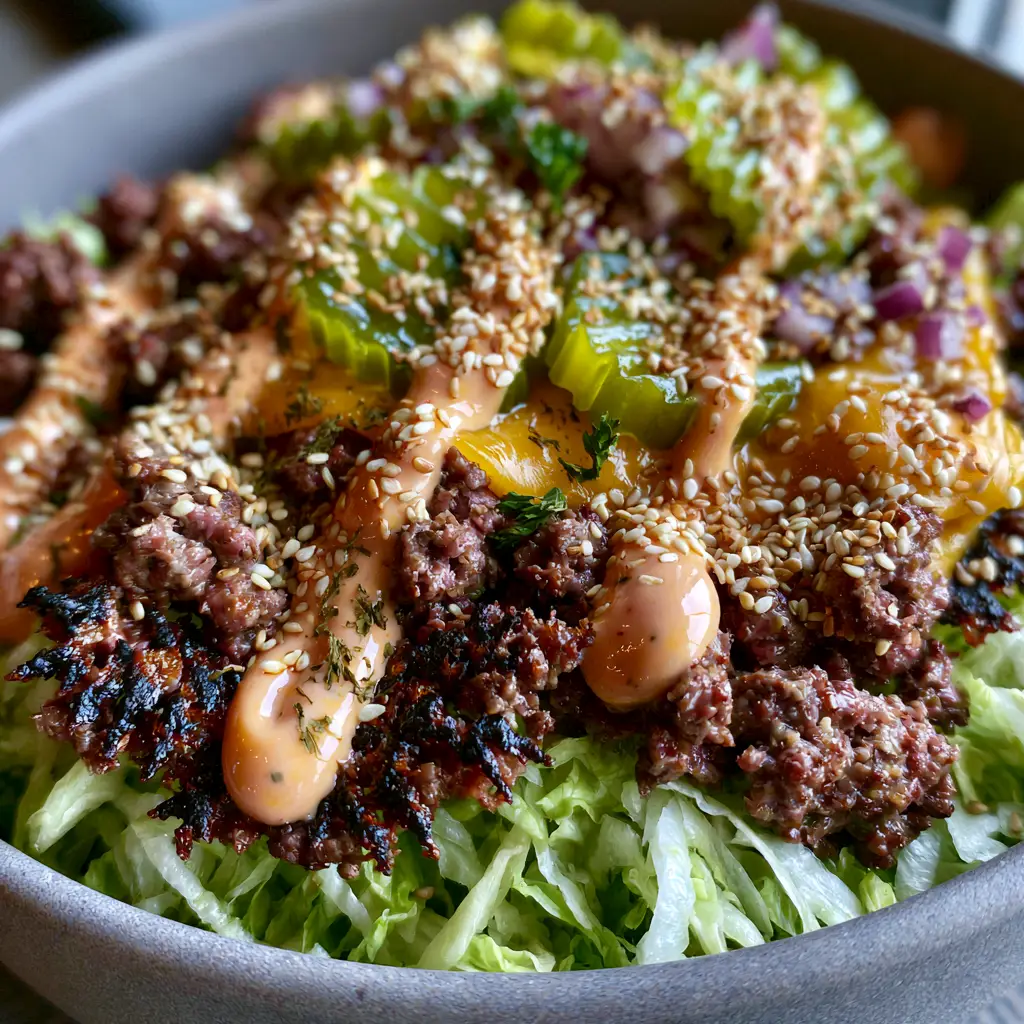 Macro photo showing the jagged charred edges of seared ground beef in a smash burger bowl. (smash burger bowl)