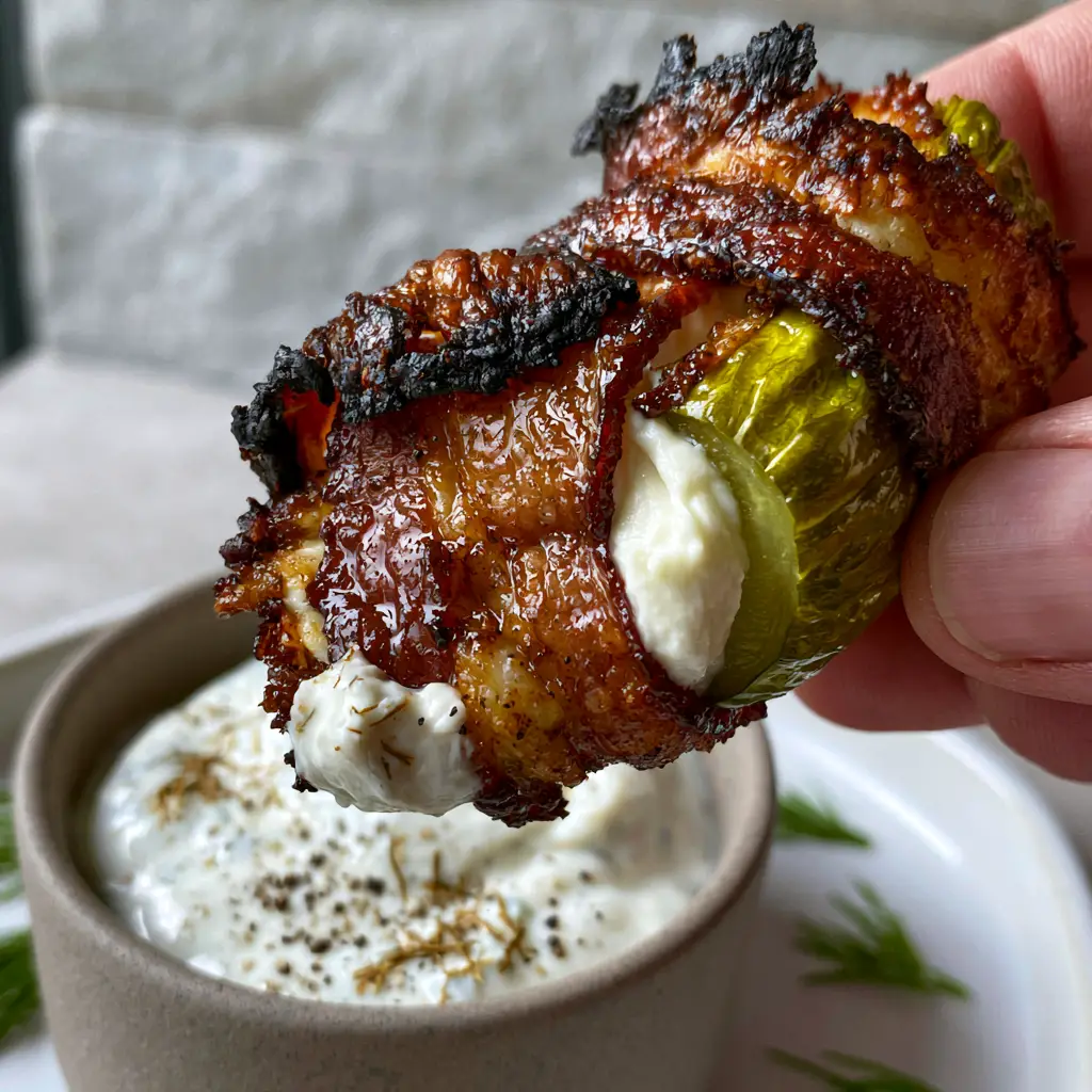 Two pickle poppers showing the creamy chive filling and crispy charred bacon wrap on a minimal gray stone background.