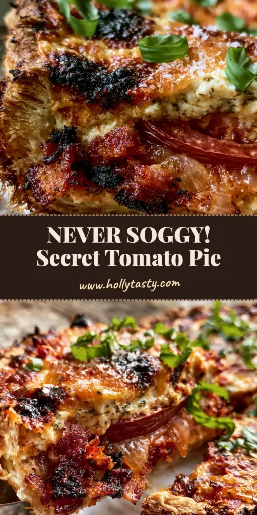 A vertical shot of a whole bacon onion tomato pie featuring a bubbly cheddar crust and fresh basil garnish.