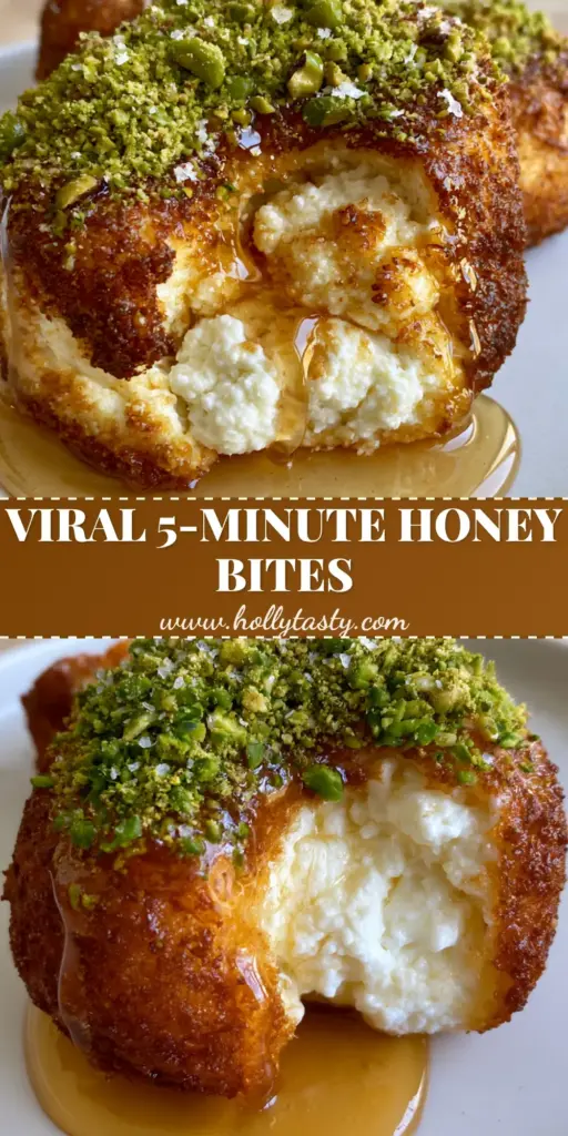 A stack of golden-fried ricotta pistachio honey bites drizzled with amber honey and topped with crushed green pistachios.