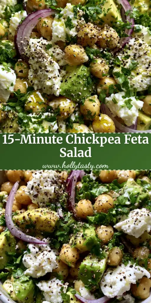 A macro close-up top-down view of a chickpea feta avocado salad in a matte white stoneware bowl, garnished with cracked black pepper and parsley.