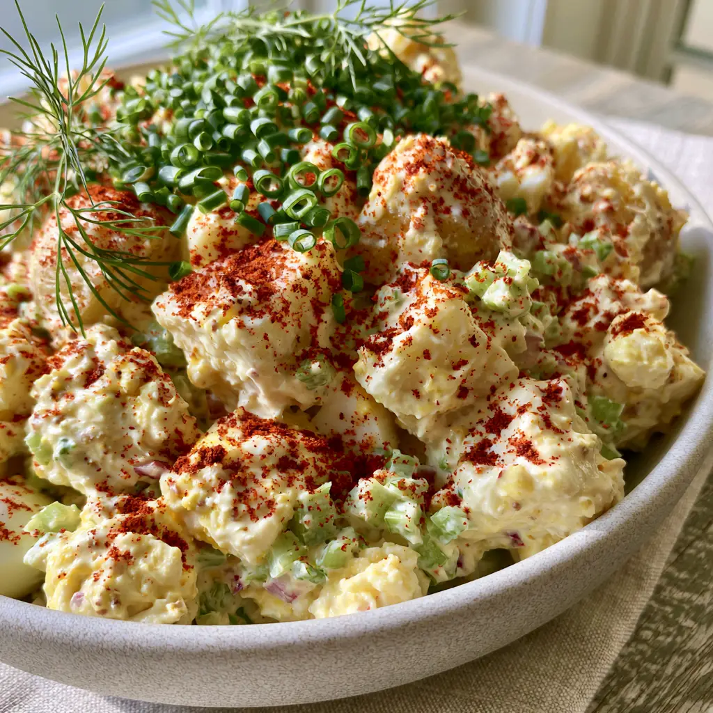 Detailed view of Southern Potato Salad showing chunky egg pieces and vibrant fresh herb garnishes.