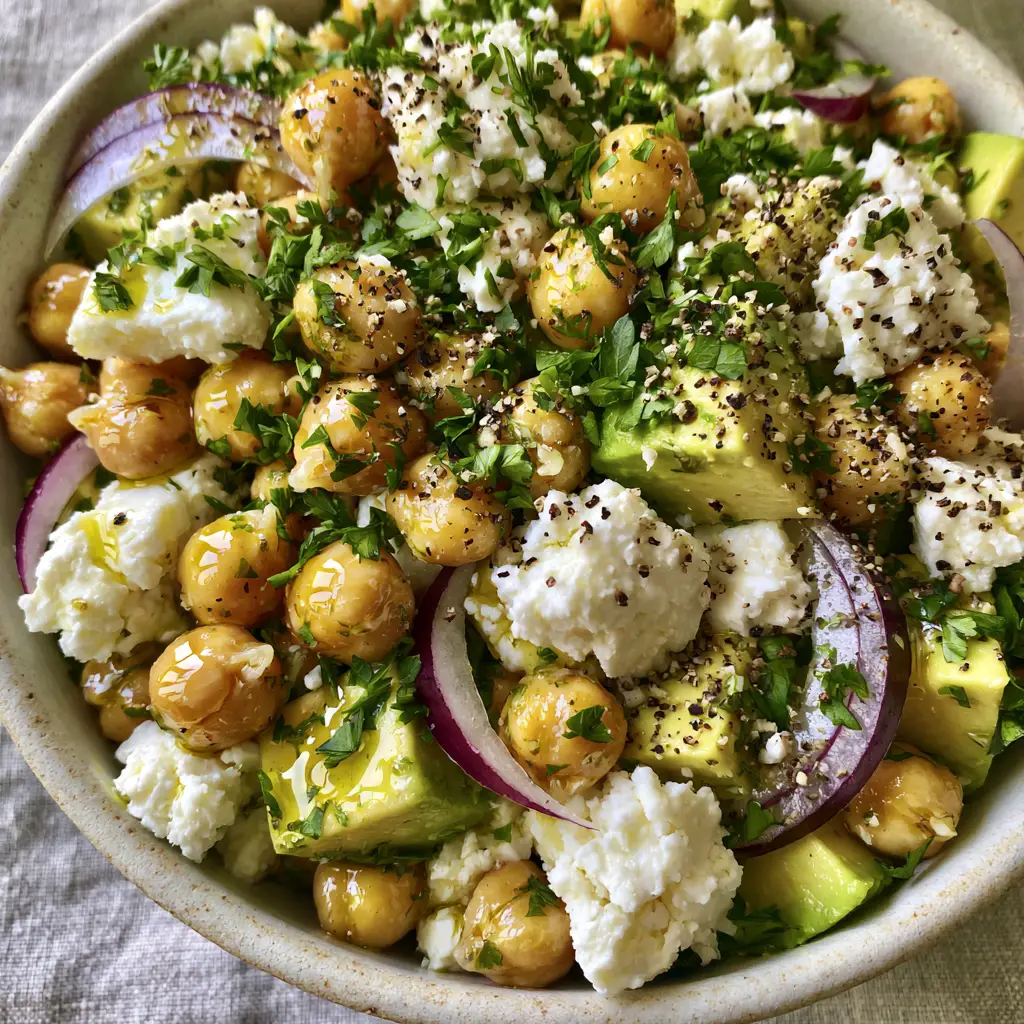 Detailed view of large feta crumbles and purple red onion crescents in a chickpea feta avocado salad.