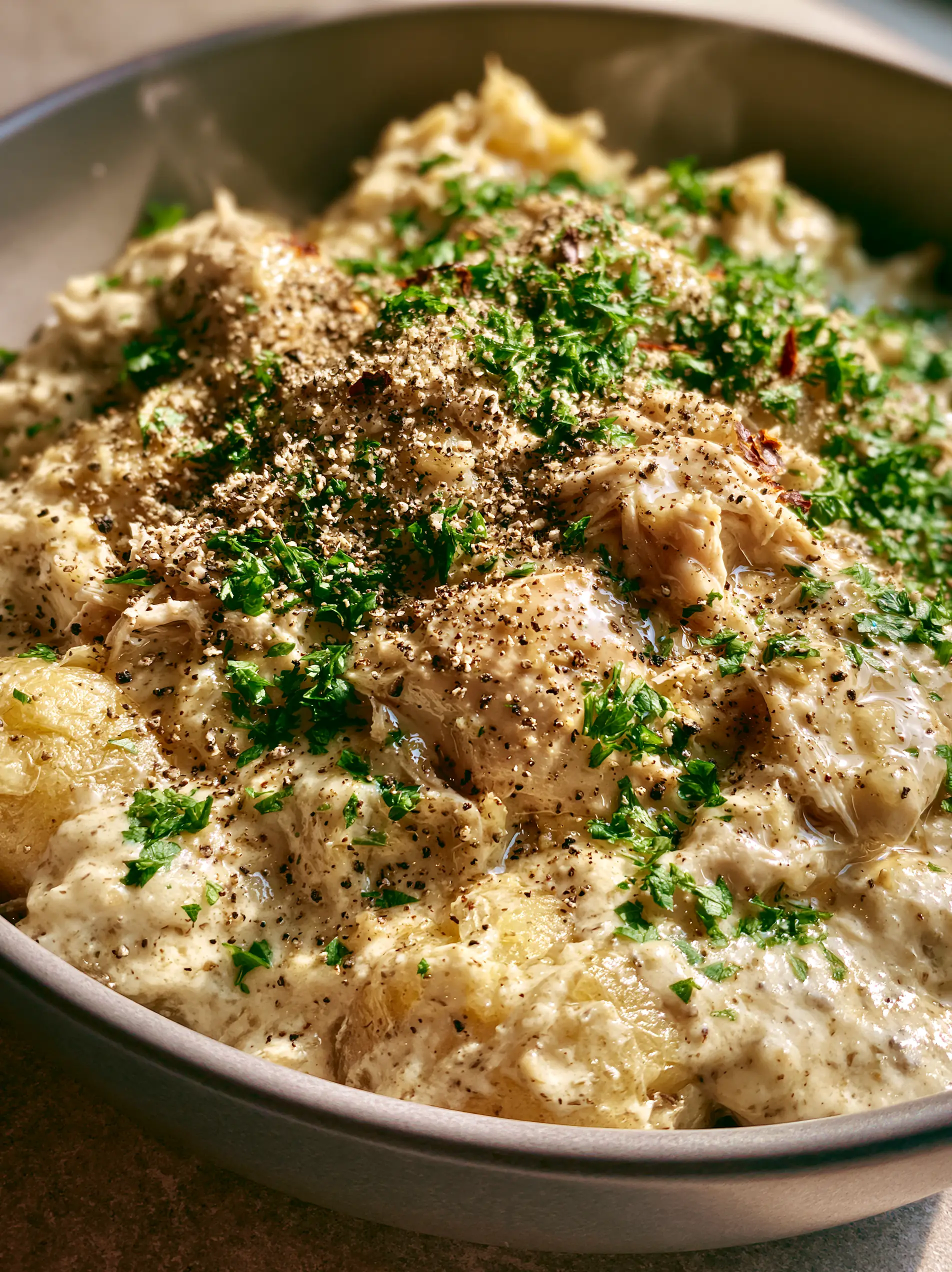 Close-up of shredded chicken in an ivory-colored garlic cream sauce with emerald parsley and cracked pepper. (crockpot meals)