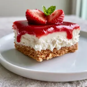Macro photo showing the thick snow-white filling and glossy ruby-red glaze of these no-bake summer desserts.