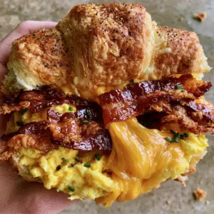 Extreme close-up of a hand holding a warm Bacon, egg, and cheese crescent roll with glistening bacon and a cheese pull.