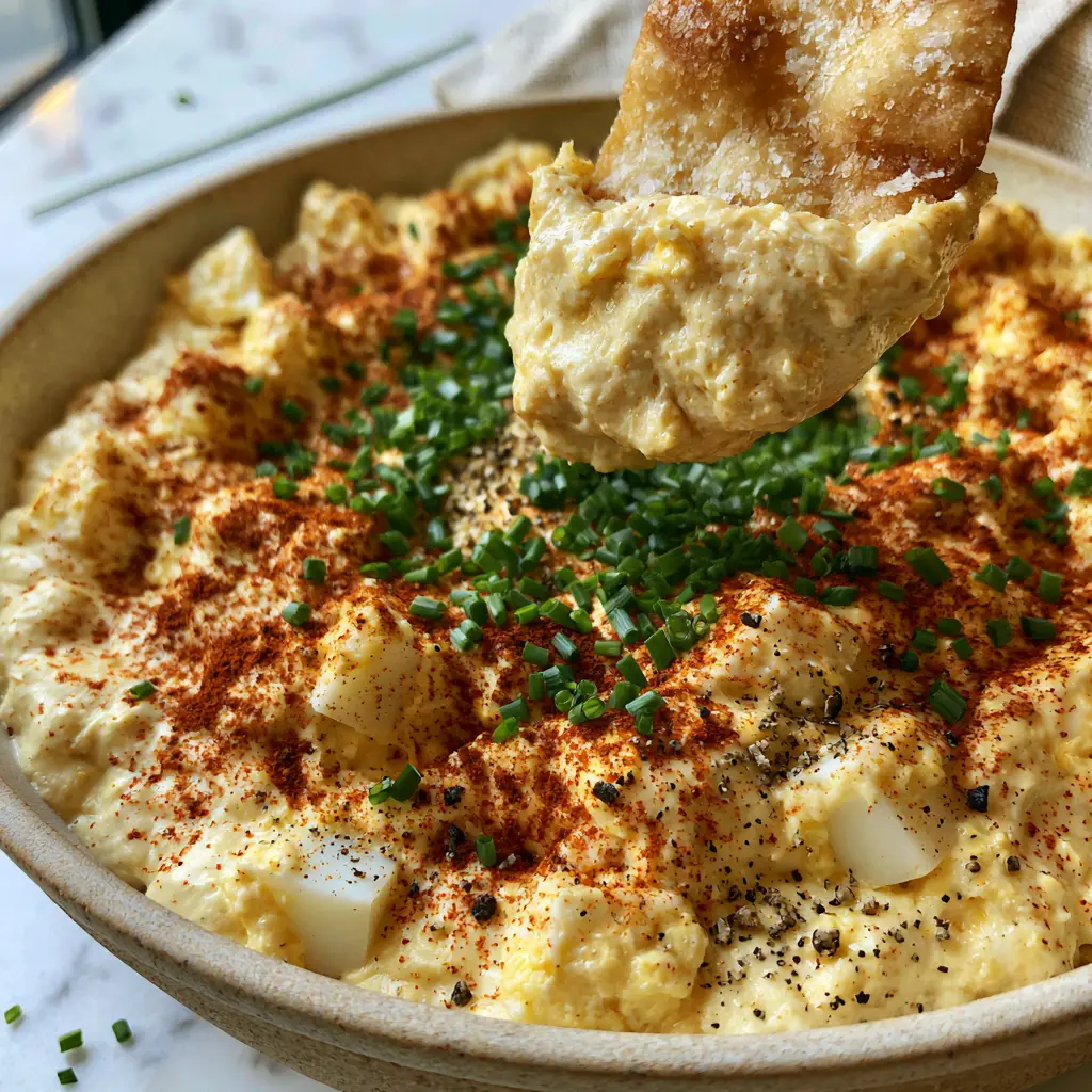 Close up of a pita chip scooping a thick portion of Deviled Eggs Dip on a neutral marble background.