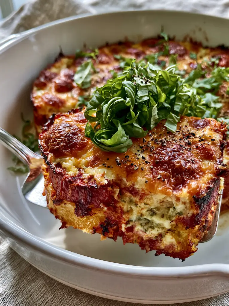 Close-up of the bubbly, golden-brown parmesan and cheddar crust on a Crustless tomato pie with charred tomato edges visible.