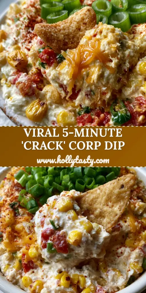 A rustic white bowl of creamy Corn Dip topped with shredded cheddar, green onions, and smoked paprika, featuring a single Frito chip scooping up the thick mixture.