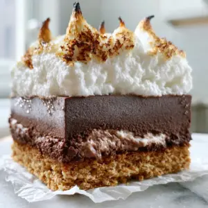Macro photo of Frozen s'mores with condensation droplets on the dark chocolate fudge layer and charred marshmallow peaks.