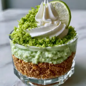 Close-up 45-degree angle shot of an individual Key lime pie trifle showing the golden-brown crumb layer and pale-mint filling.