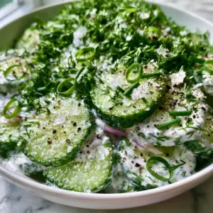 Ultra close-up of Cucumber Ranch Salad showing moisture beads on cucumber skin and thick, velvety white ranch dressing with cracked pepper.