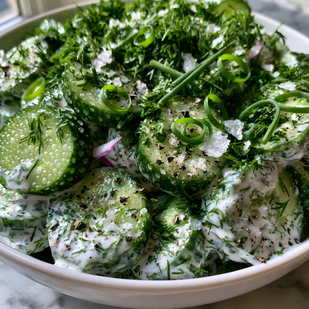English cucumber slices coated in ranch with razor-thin red onion slivers and a dense forest of fresh dill garnish.