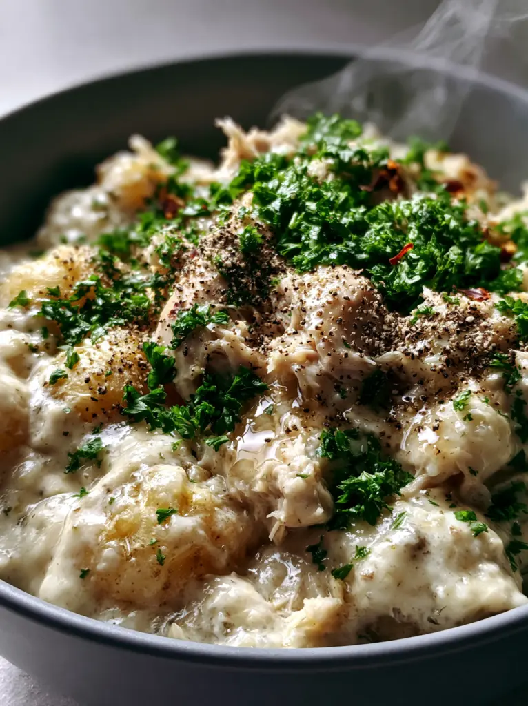 A wide shot of a ceramic bowl containing the finished garlic chicken and potatoes on a minimalist kitchen background.