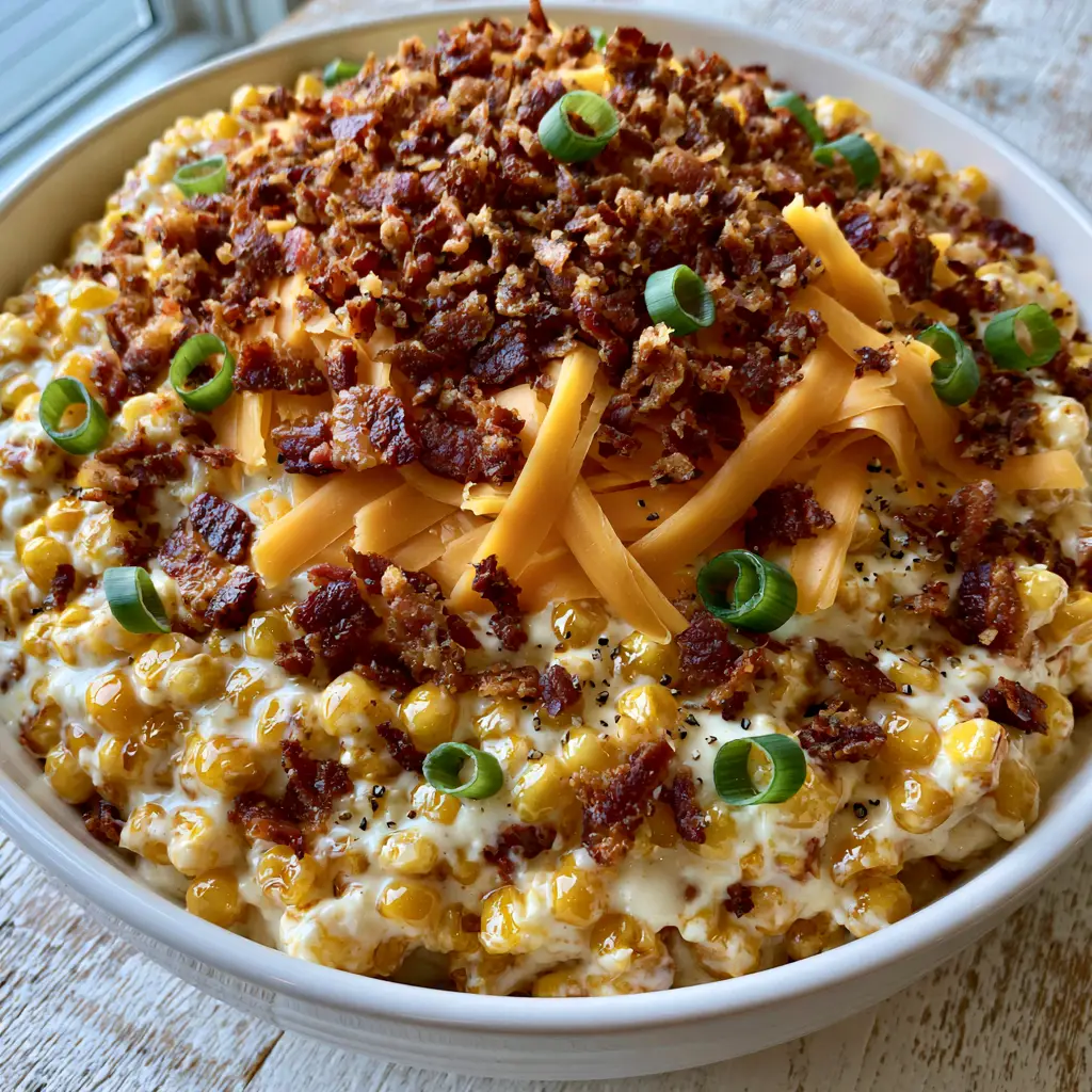 Angled photo of crack corn salad showing the thick texture of the dressing and crispy applewood bacon crumbles.