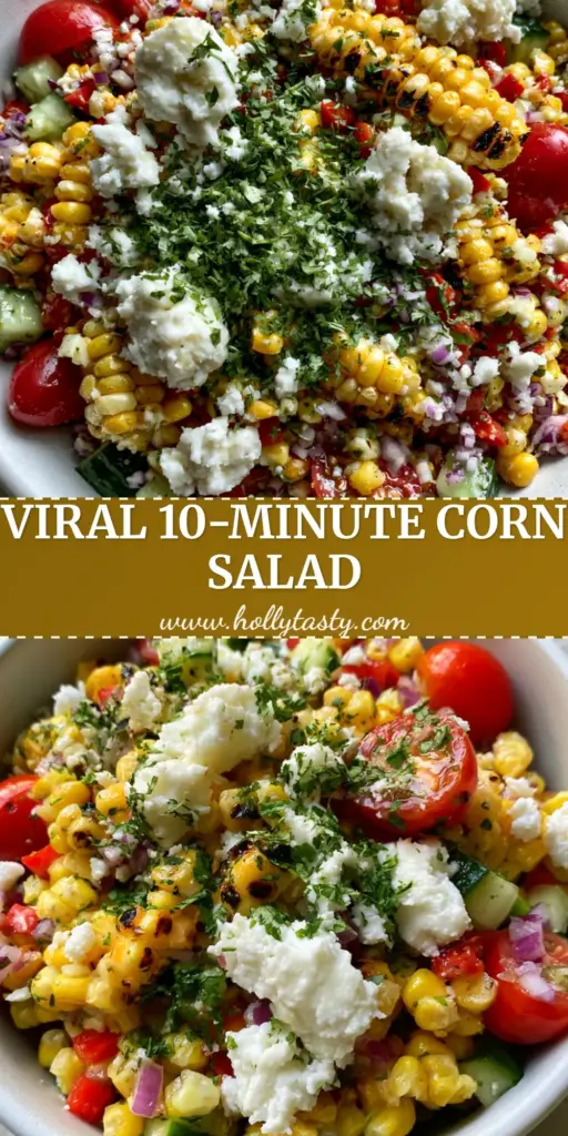 A top-down overhead shot of a vibrant corn salad in a matte white bowl with charred corn and cotija cheese. (Corn Salad)