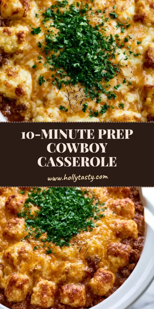 A top-down view of a slow cooker cowboy casserole in a white crockpot with golden tater tots, bubbling melted cheese, and fresh parsley garnish.